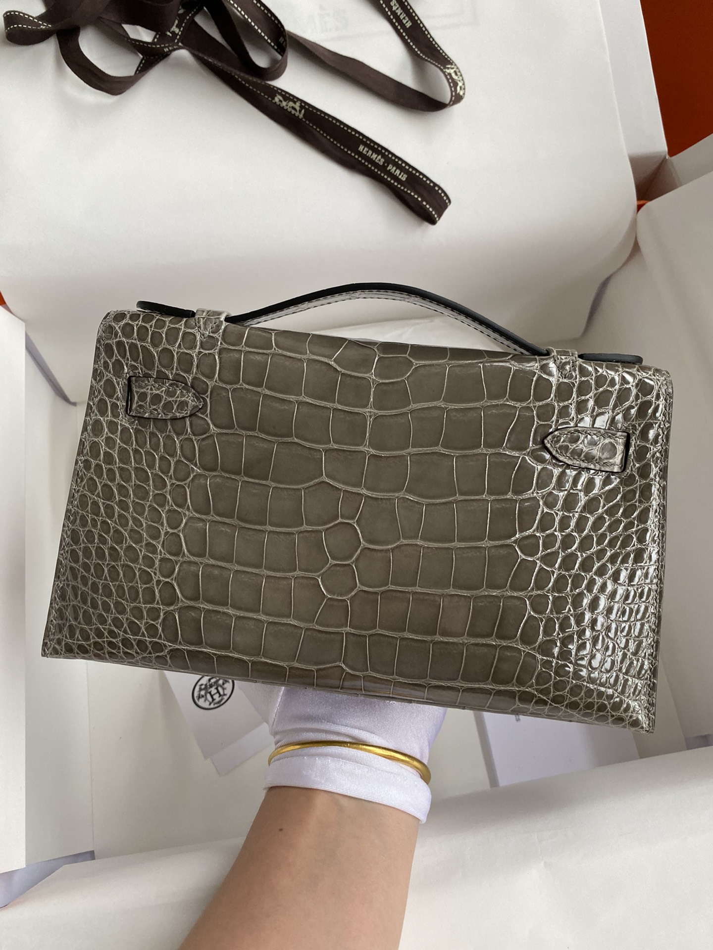 Hermes Mini Kelly Pochette 22cm Bag In Grey Shiny Alligator Leather